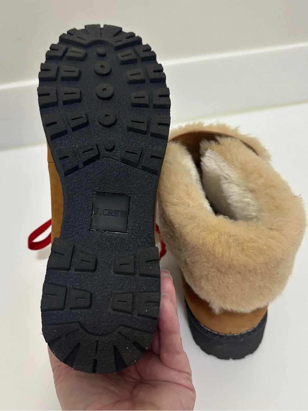 J.Crew Fur-Lined Lace-Up Boots – Tan Suede, Red Laces Size 7